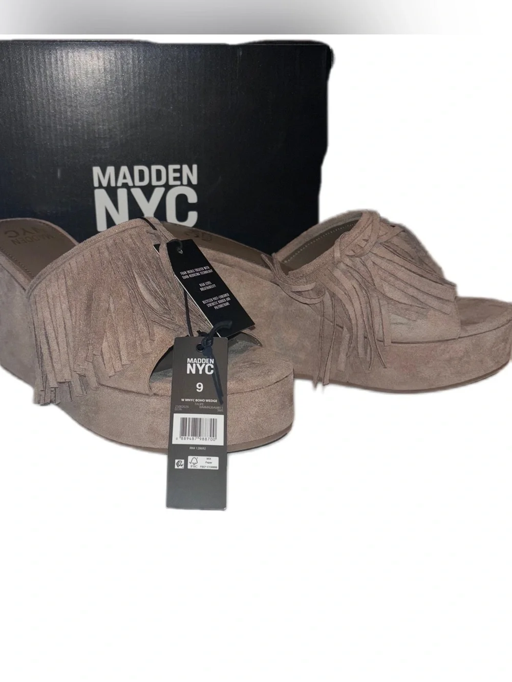 Madden NYC Fringe Wedge Slide Sandals Taupe Faux Suede Platform Size 9 NWT